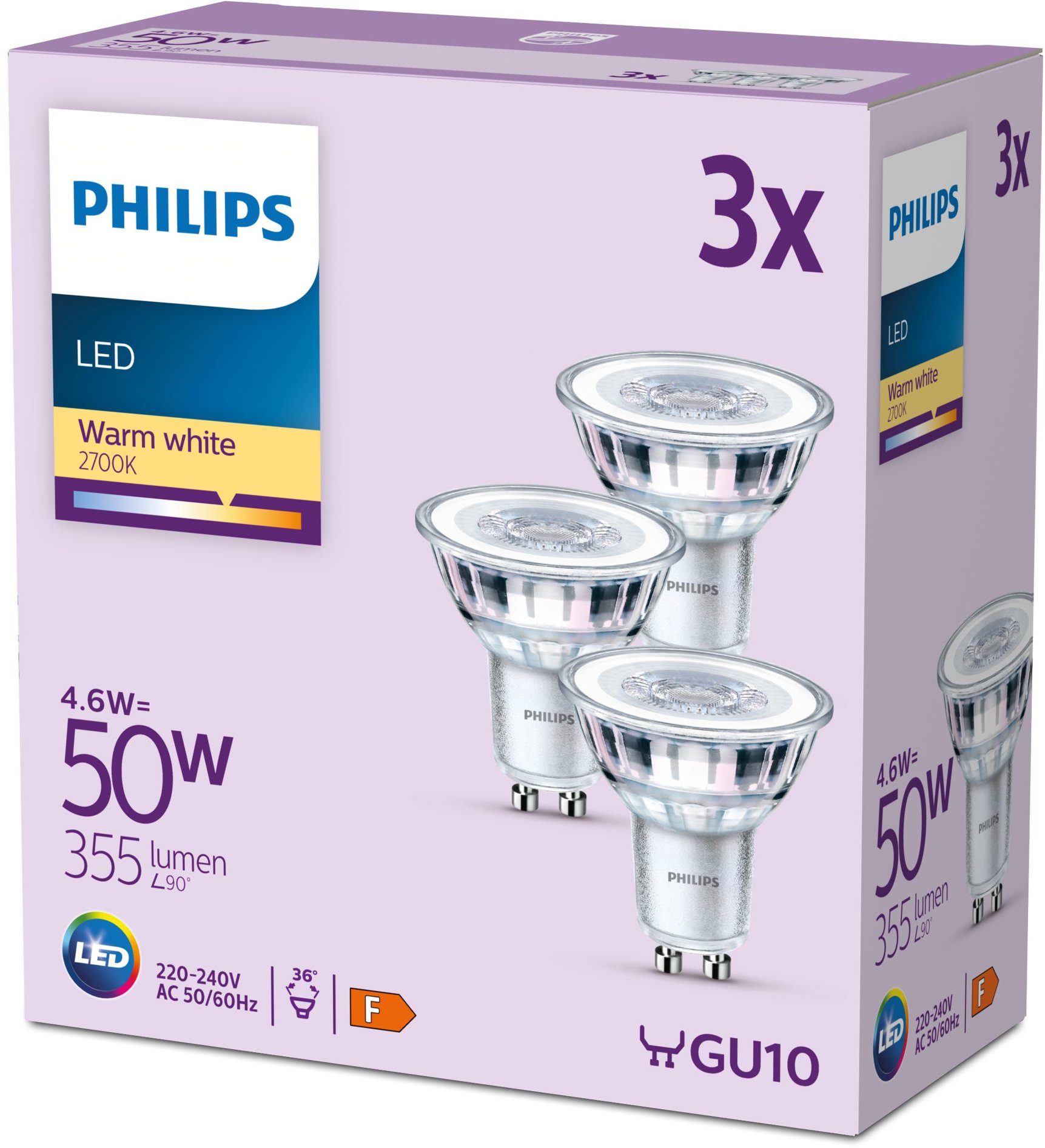 Philips Classic GU10, 50 W, teplá biela, 3 ks
