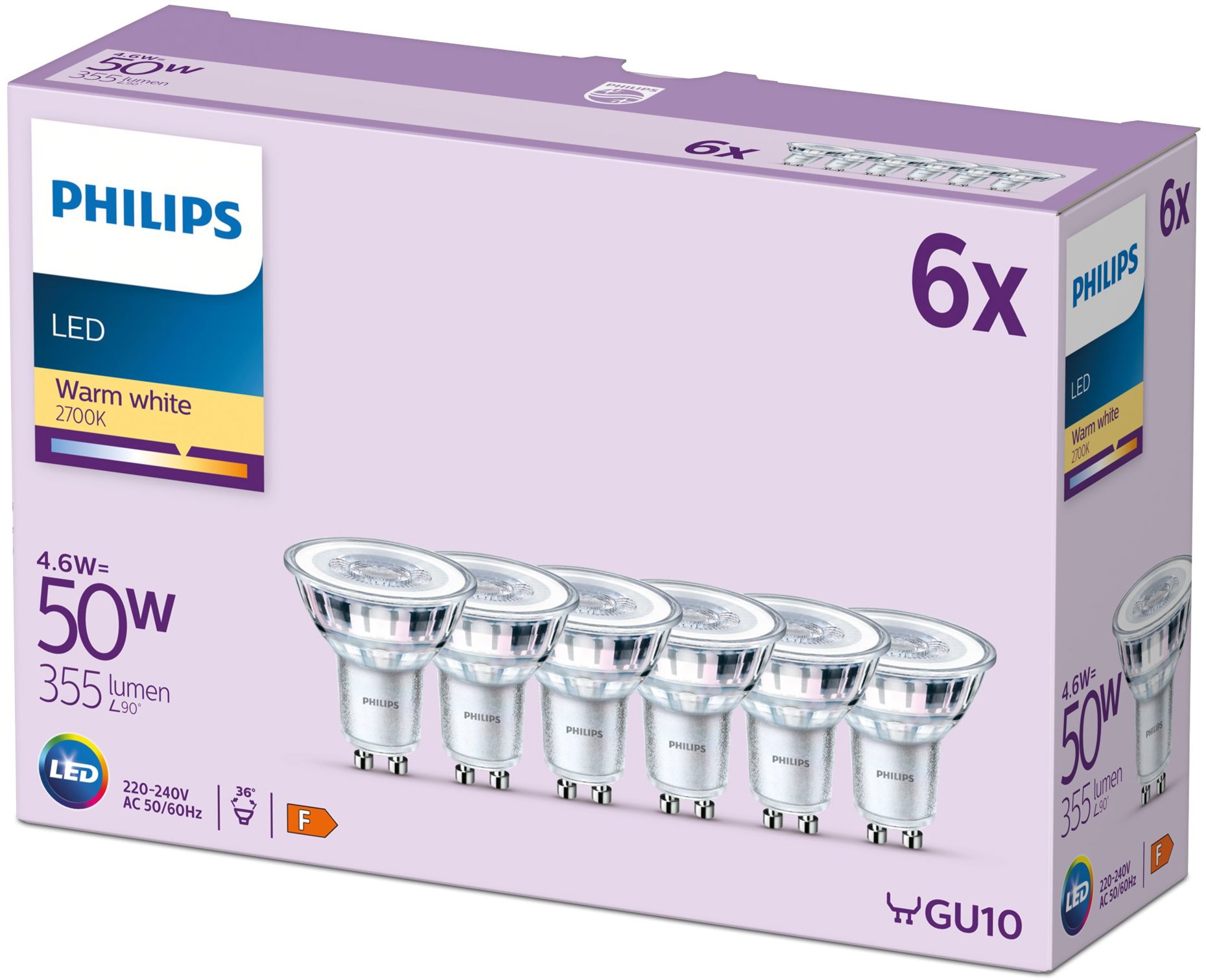 Philips Classic GU10, 50 W, teplá biela, 6 ks