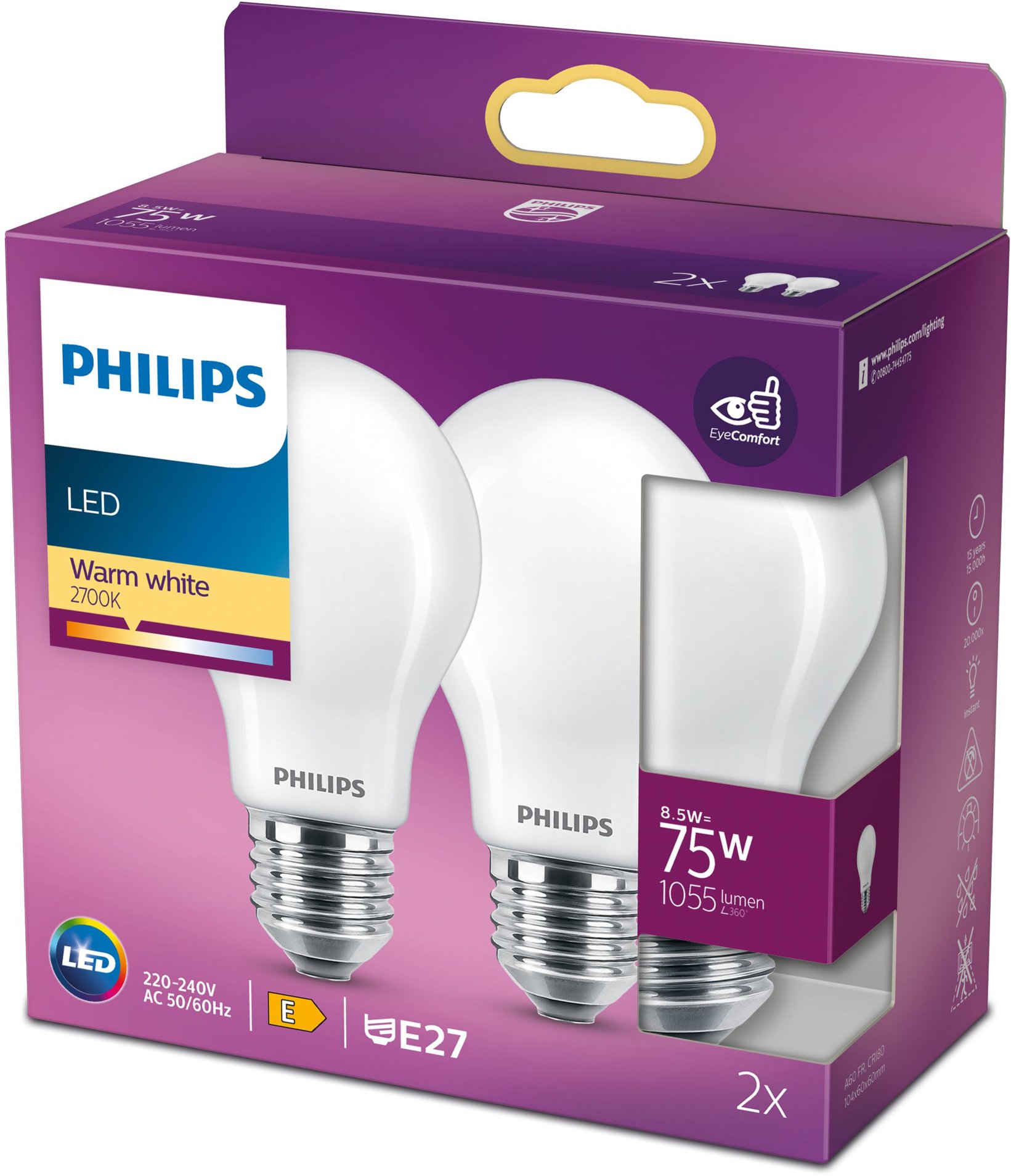 Philips Classic A60, E27, 75 W, teplá biela, 2 ks