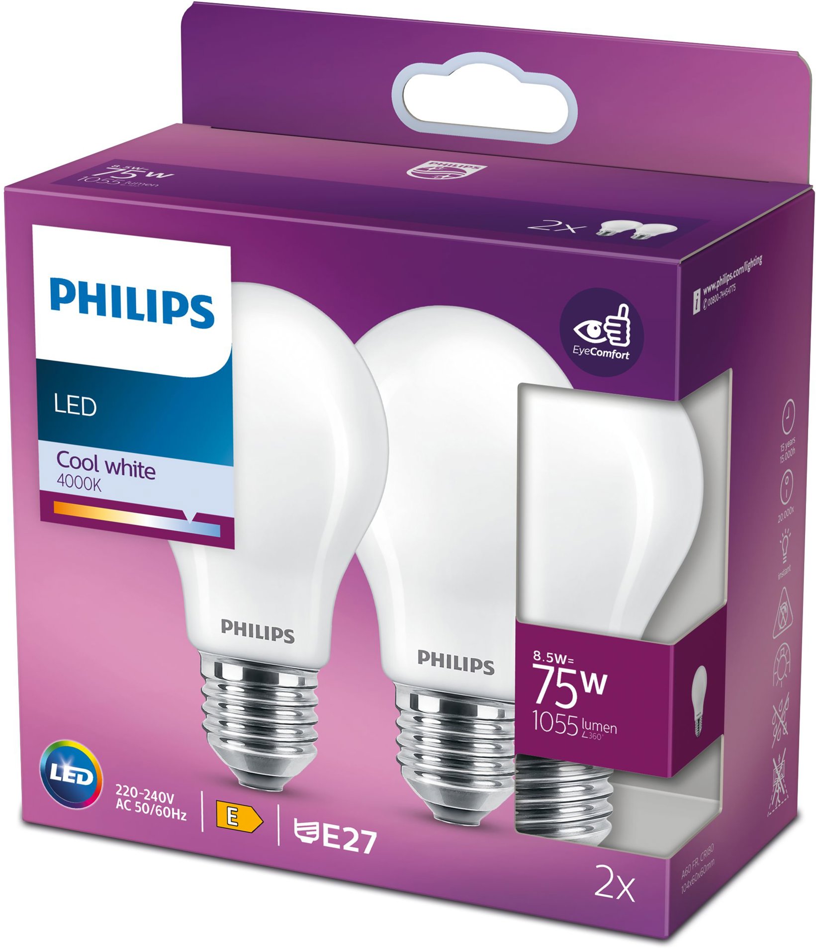 Philips Classic A60, E27, 75 W, studená biela, 2 ks