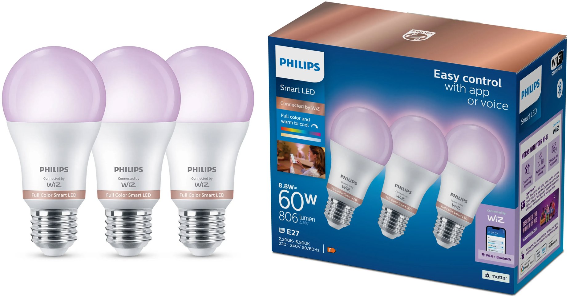 Philips Smart LED WFB 60 W A60 E27 822-65 RGB 3CT/6