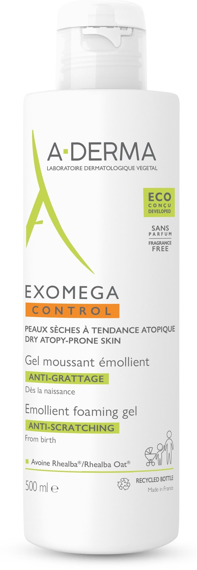 A-DERMA Exomega Control Zvláčňujúci penivý gél na suchú kožu so sklonom k atopii 500 ml