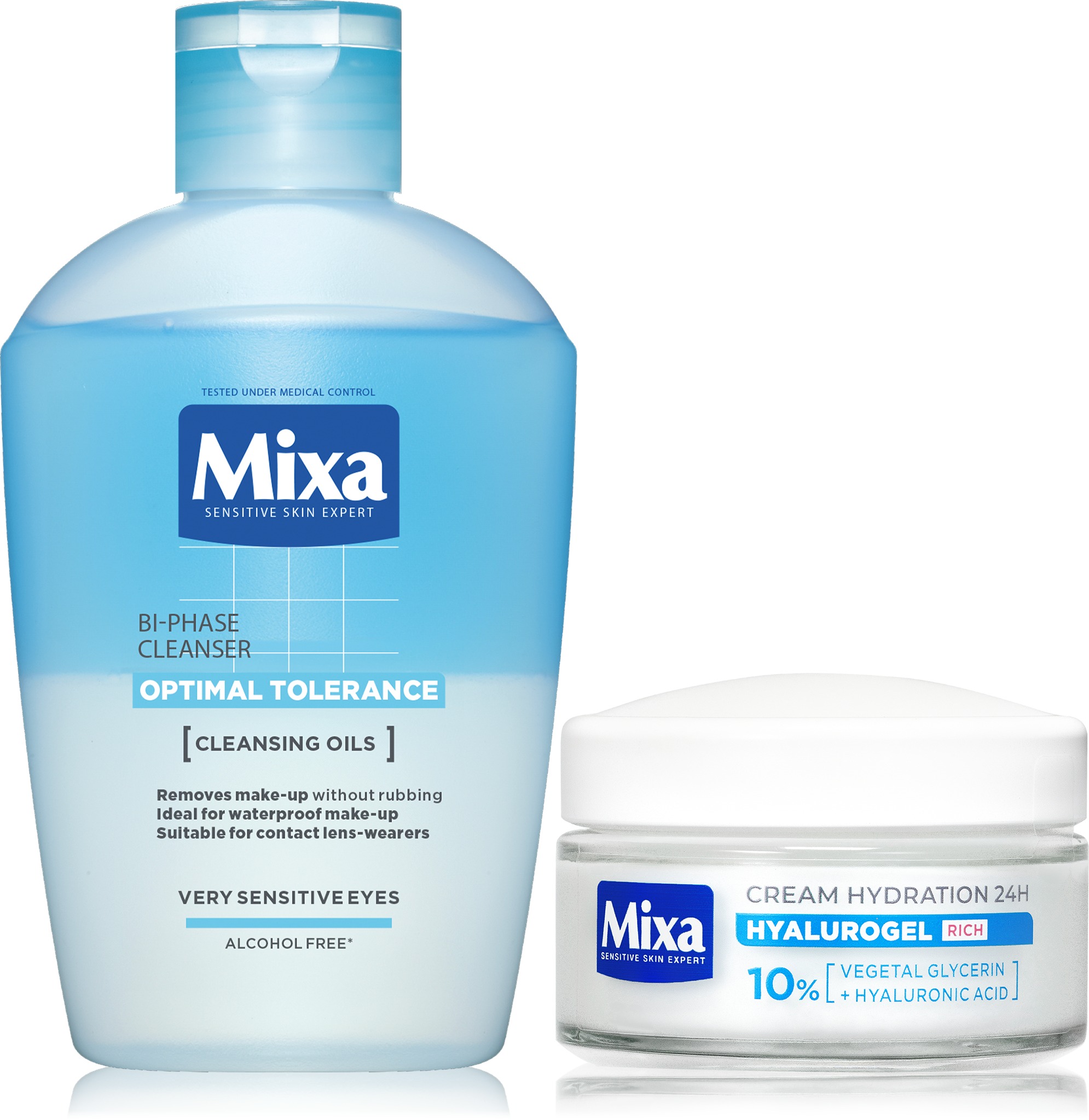 MIXA Hyalurogel rich cream + odličovač očí súprava 175 ml