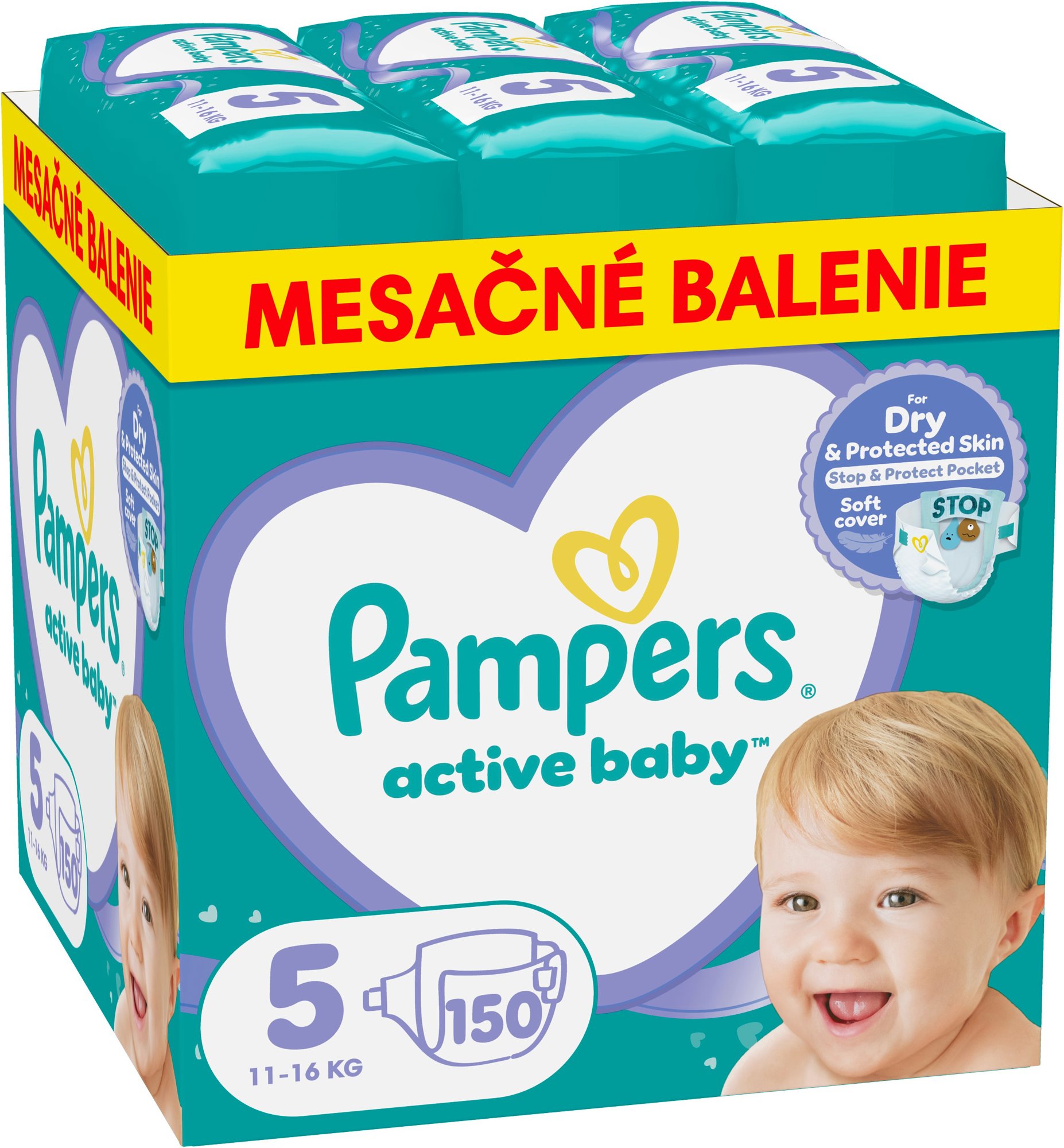 PAMPERS Active Baby veľkosť 5 Junior (150 ks) – mesačné balenie