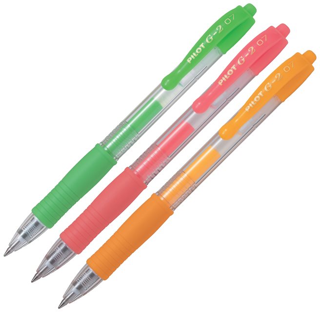 PILOT G-2 07 NEON neónové farby – marhuľová, červená, zelená