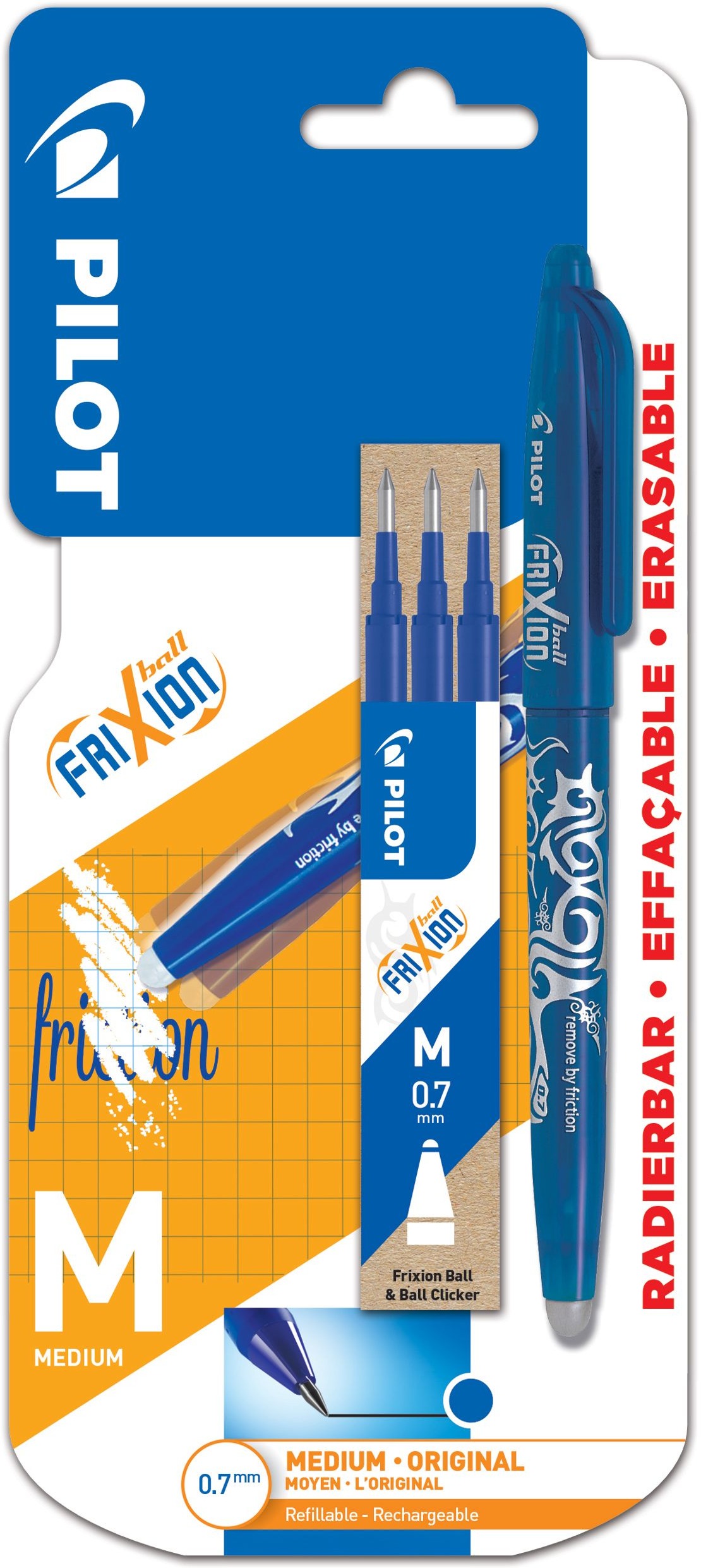 PILOT FriXion Ball 07/0,35 mm, modré – balenie 1 ks + 3 ks náplne