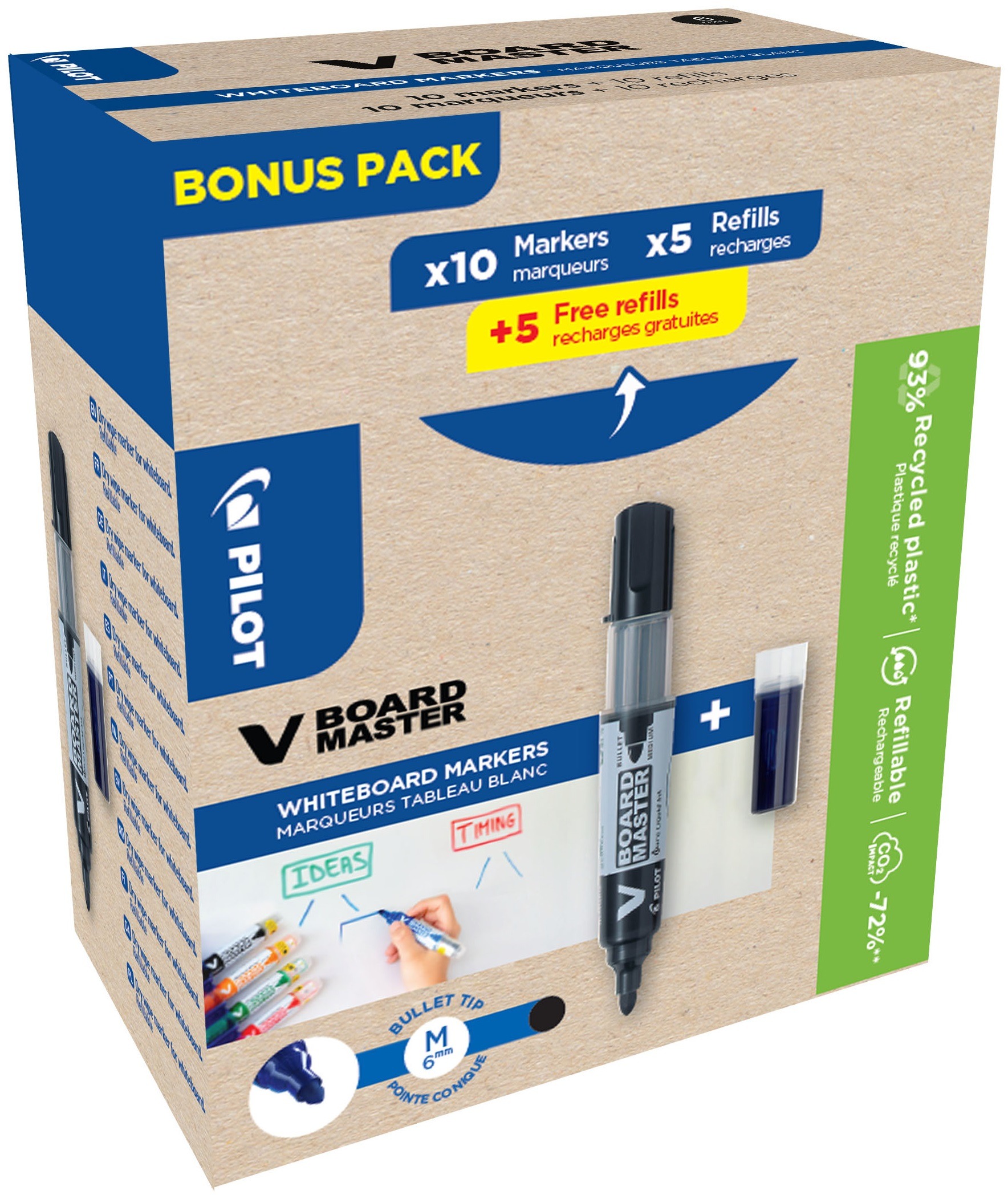 PILOT V-Board Master na biele tabule Greenpack, čierny – 10 ks + 10× náplň čierna