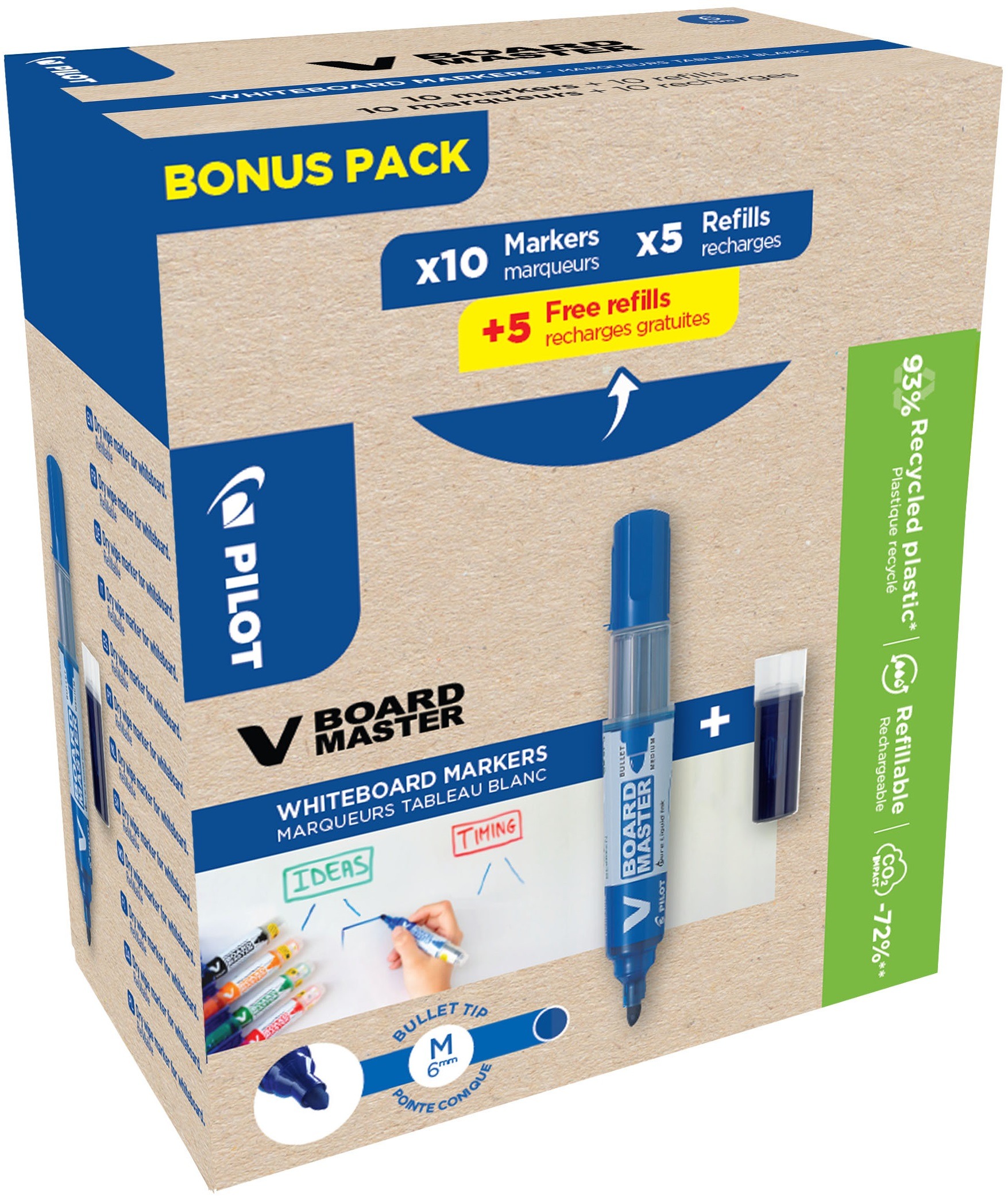 PILOT V-Board Master na biele tabule Greenpack, modrý – 10 ks + 10× náplň modrá