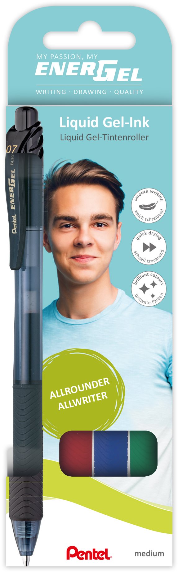 PENTEL BL107 - 4 EnerGel – sada 4 ks, mix farieb, 3 + 1