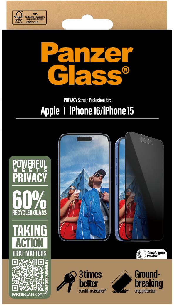 PanzerGlass Privacy Apple iPhone 16/15 s inštalačným rámčekom