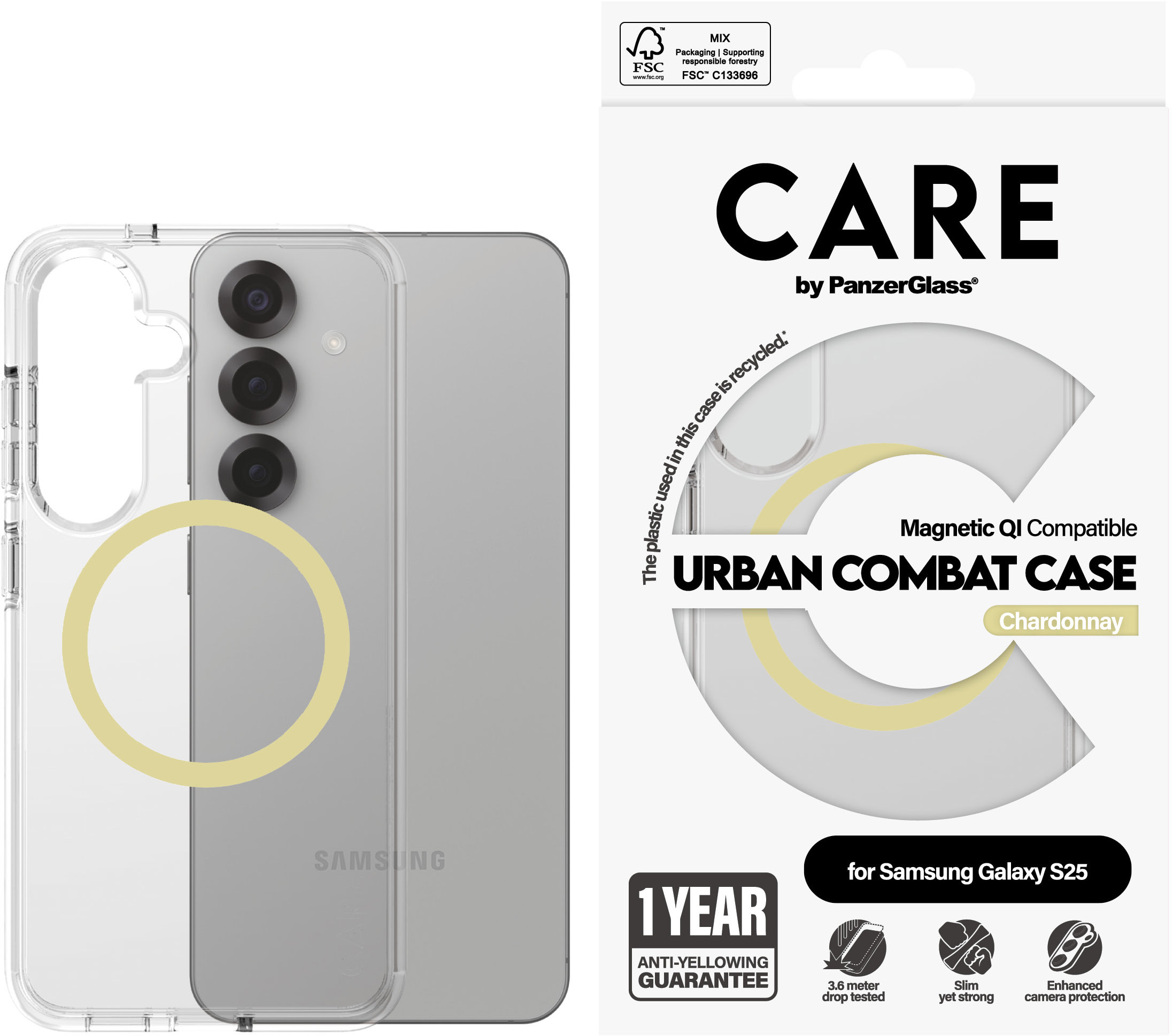 PanzerGlass CARE kryt Samsung Galaxy S25 Urban Combat číry/žltozelený QI (Chardonnay)