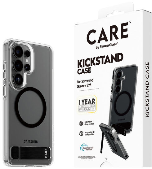PanzerGlass CARE kryt Samsung Galaxy S26 číry/čierny Kickstand Qi + ročná záruka proti žltnutiu