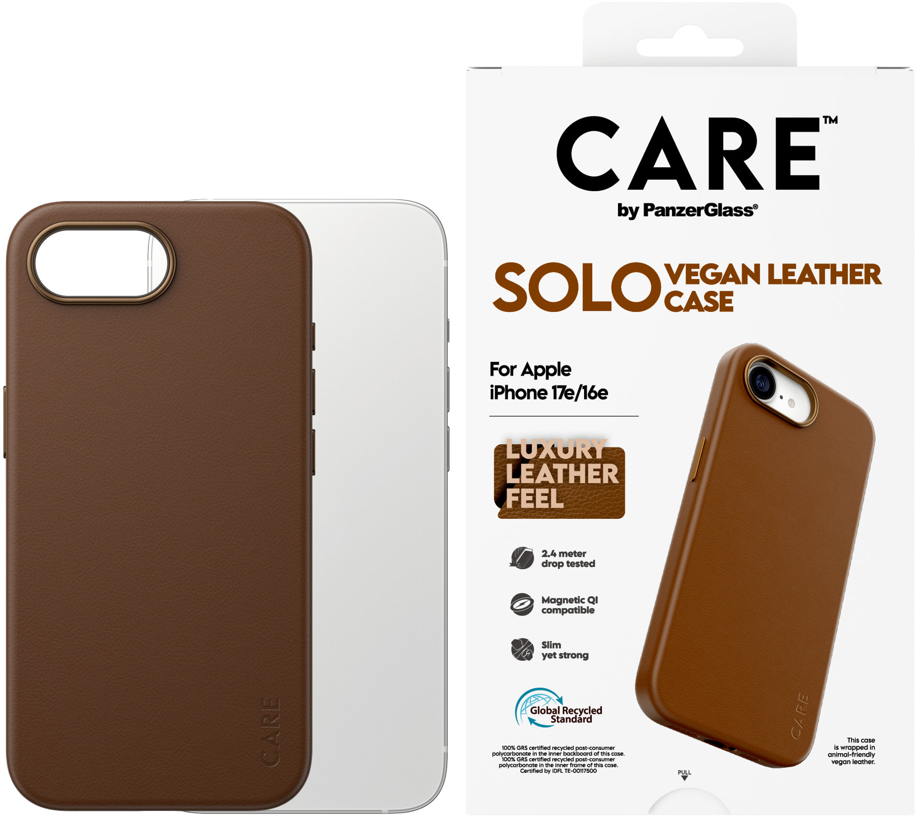 PanzerGlass CARE kryt Apple iPhone 17e/16e SOLO MagSafe hnedá vegánska koža