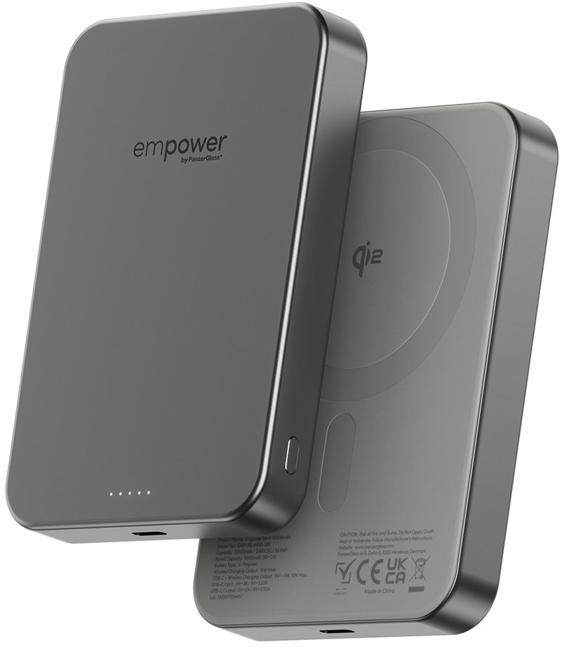 PanzerGlass Empower bezdrôtová Qi2 powerbanka 10000 mAh, MagSafe, sivá, hliníkové telo