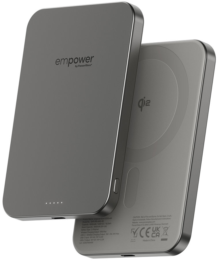 PanzerGlass Empower bezdrôtová Qi2 powerbanka 5000 mAh, MagSafe, sivá, hliníkové telo