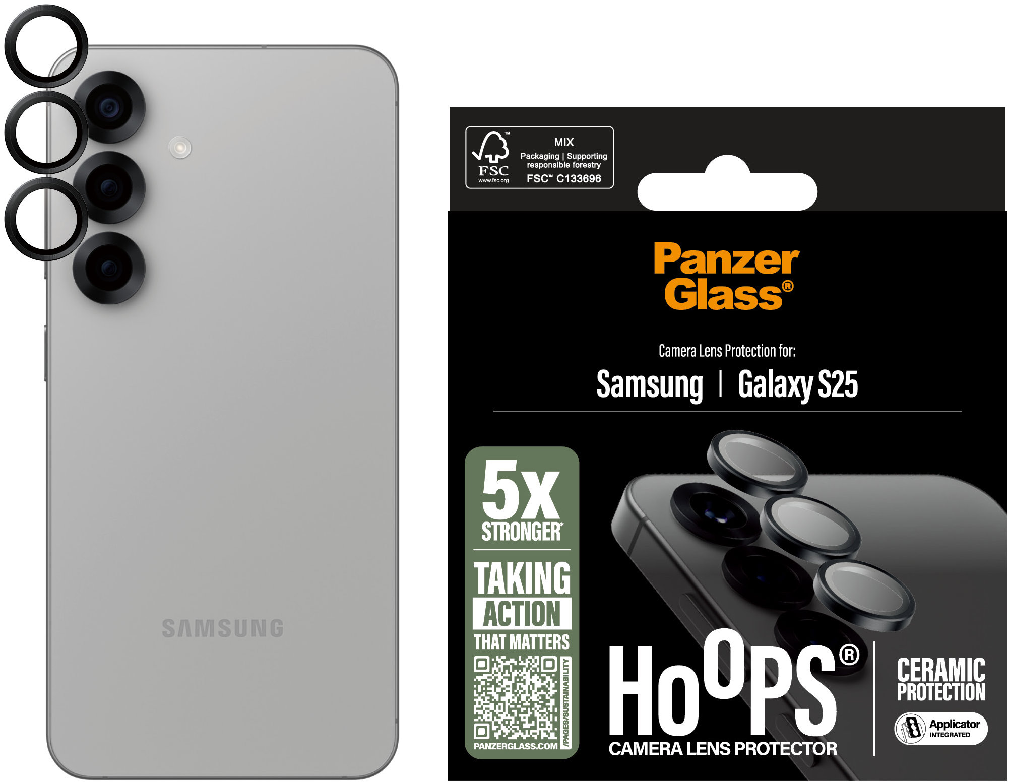 PanzerGlass Hoops Ceramic Samsung Galaxy S25 čierne ochranné krúžky na šošovky fotoaparátu