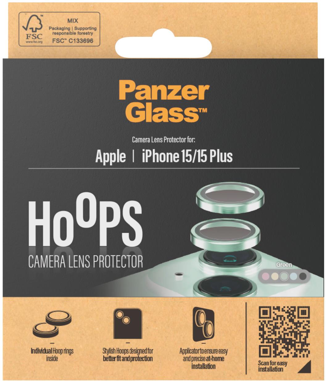 PanzerGlass HoOps Apple iPhone 15/15 Plus – krúžky na šošovky fotoaparátu – zelený hliník