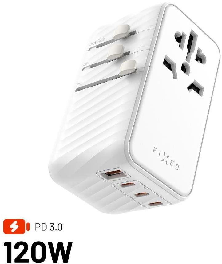 FIXED Voyager Travel GaN PD 120 W pre EU UK a USA/AUS s 3× USB-C a 1× USB biely