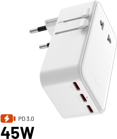 FIXED Voyager Travel GaN Slim pre EU UK a USA/AUS s 3× USB-C a USB výstupom PD 45 W biely