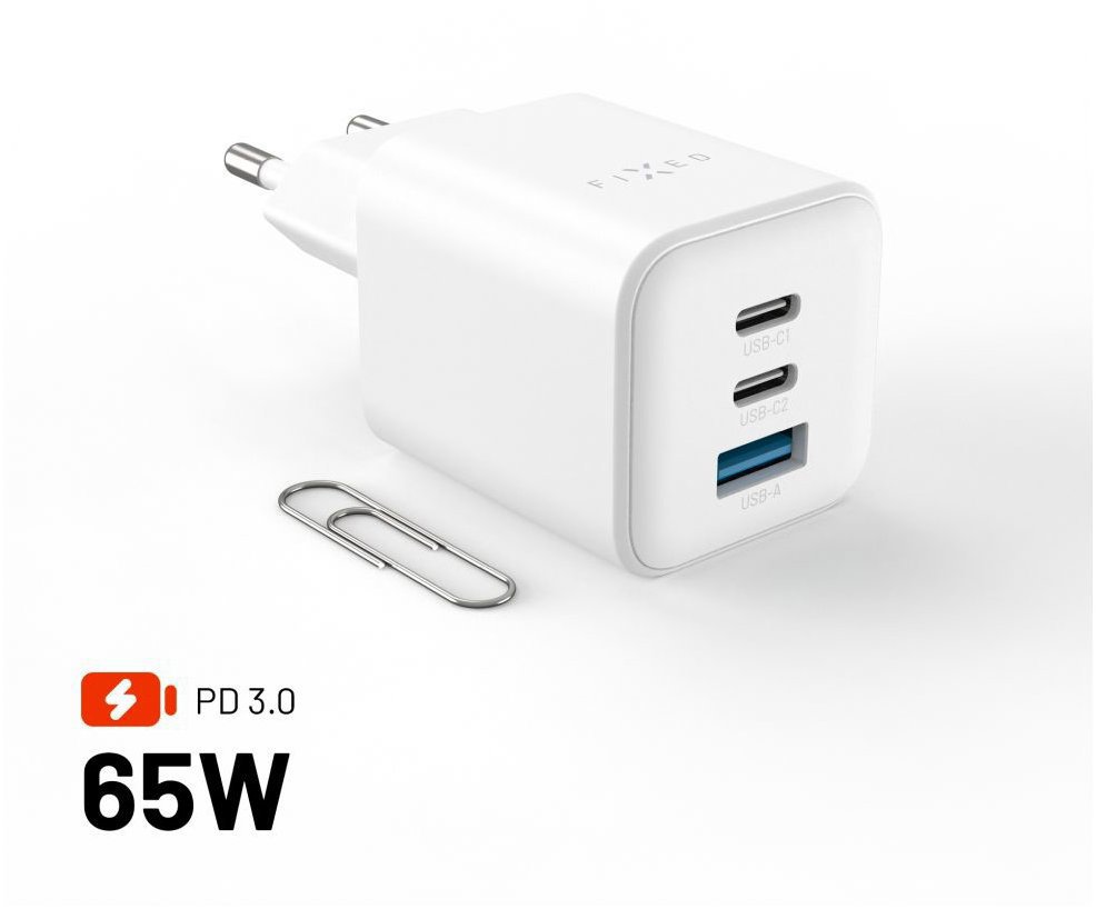 FIXED Mini Gan s 2× USB-C a USB výstupom a podporou PD 65 W biela