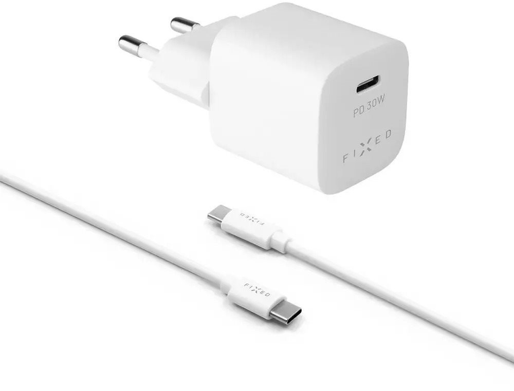 FIXED PD Rapid Charge Mini s USB-C výstupom a USB-C/USB-C káblom podpora PD 30 W biela