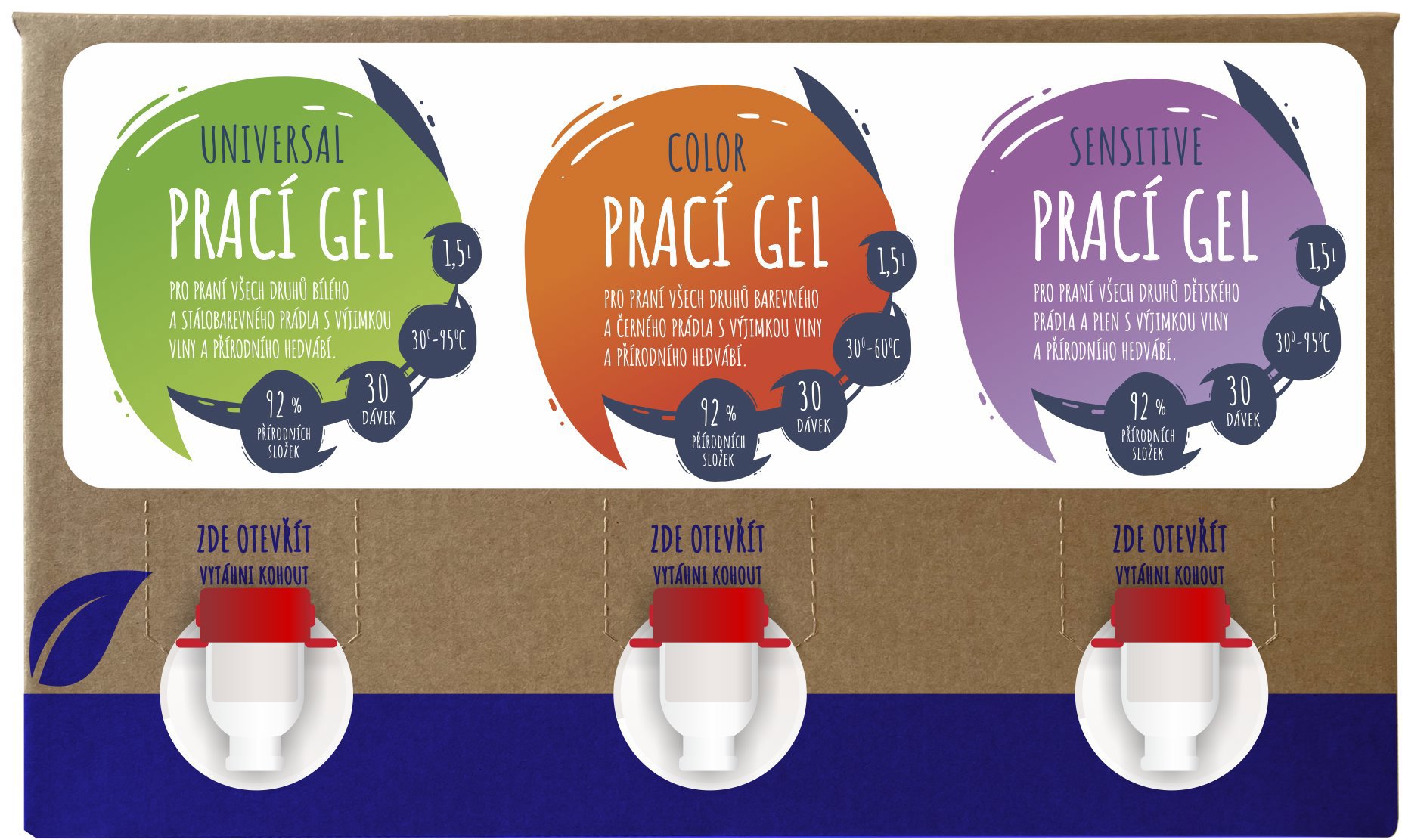 AlzaEco pracie gély (Universal, Color, Sensitive) 3× 1,5 l (90 praní)