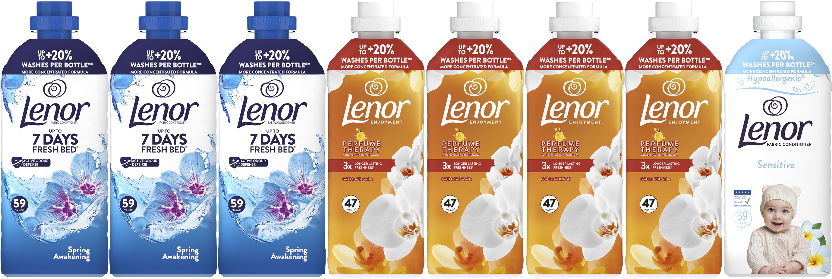 LENOR Sensitive 1× 1, 239 l, Spring Awakening 3× 1, 239 l, Gold Orchid & Vanilla 4× 987ml (424 praní