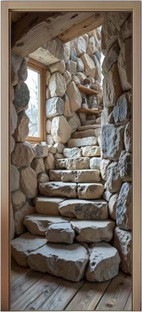 Predator Q1 Samolepiaca foto tapeta 2D na dvere, rustikálny štýl kamenné schody, okno