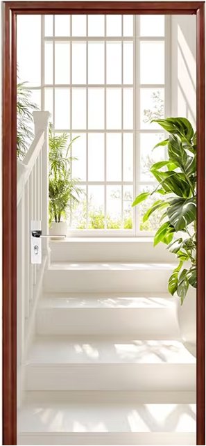 Predator Q1 Samolepiaca tapeta 2D na dvere, dekorácia so zeleňou, schody