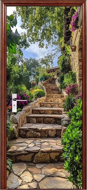 Predator Q1 Samolepiaca tapeta 2D na dvere, záhrada s kamennou cestou