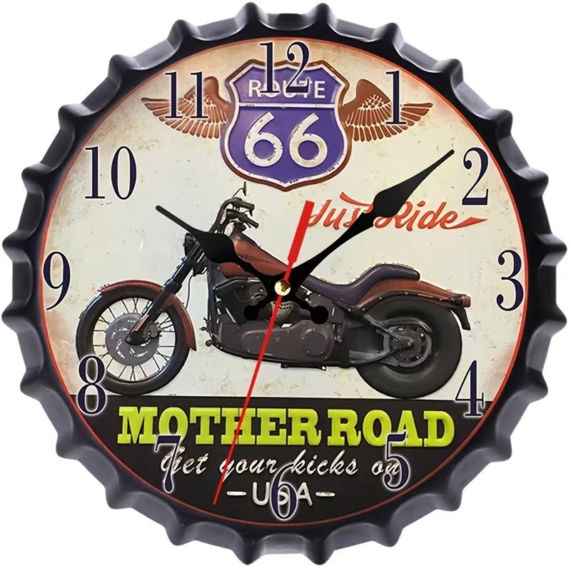 Predator Q1 Nástenné hodiny s dizajnom uzáveru fľaše a motocyklovým vzorom, route 66, 30 cm × 30 cm