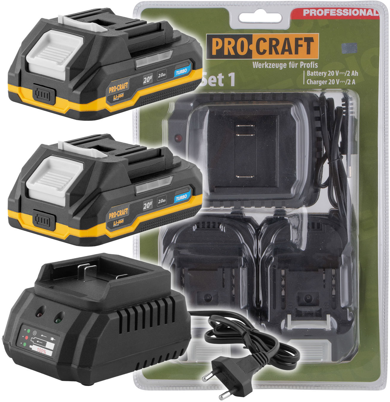 PROCRAFT Sada batérie 20 V 2 Ah (2 ks) + 1 nabíjačka PBC-Set 1