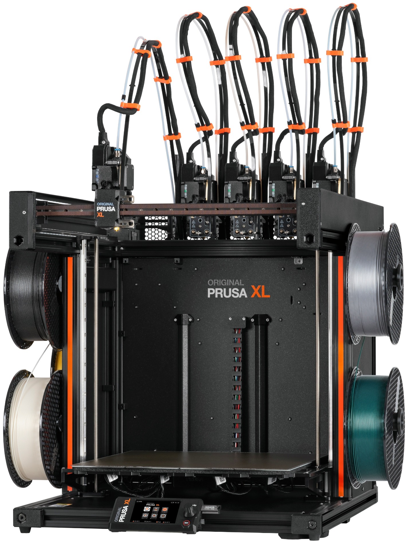 Zostavená 3D tlačiareň Original Prusa XL s piatimi nástrojovými hlavami