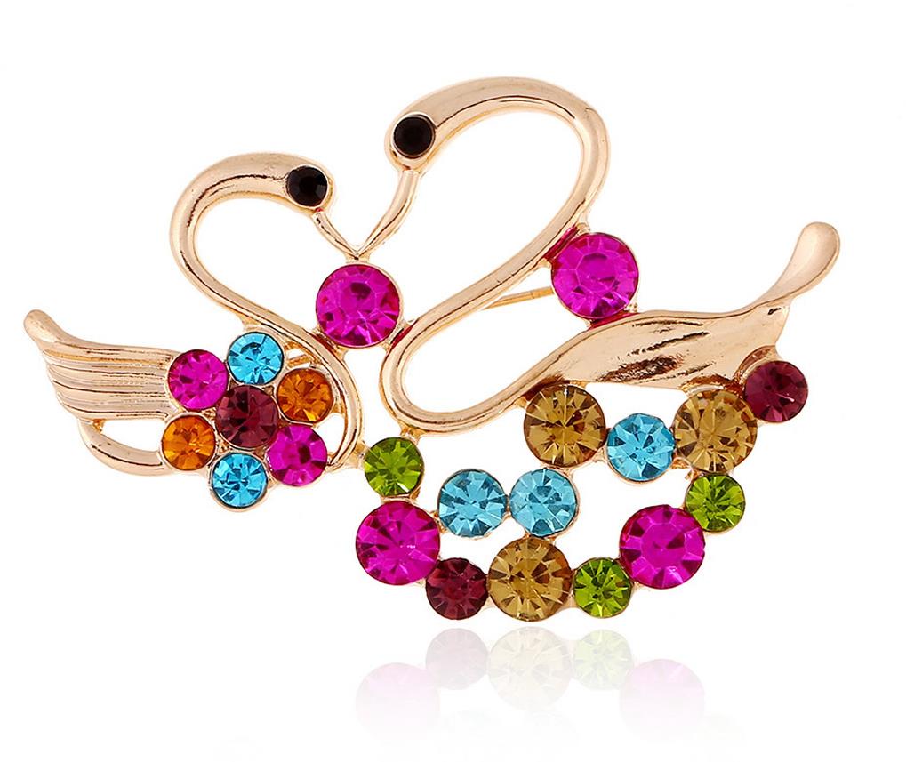 Feng Shui Harmony Brošňa Labuť zlatá s farebnými kamienkami