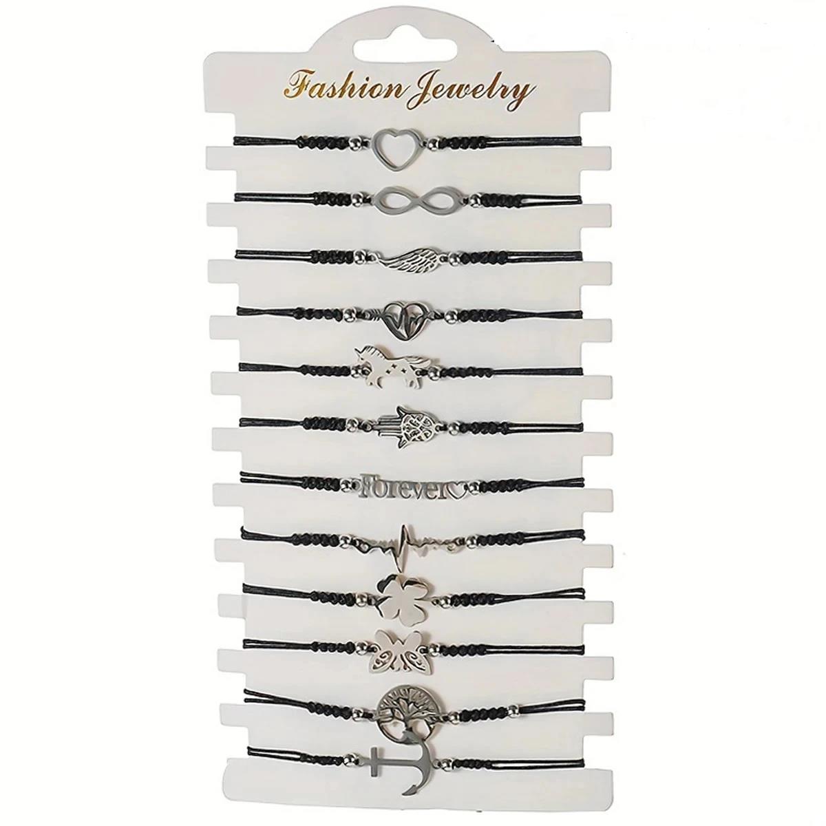 Predator Q1 Sada 12 módnych pánskych náramkov na čiernej šnúrke 16 – 24 cm