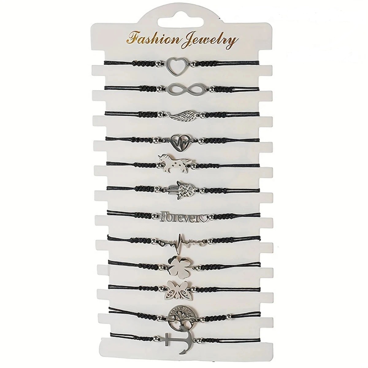 Predator Q1 sada 12 kusov módnych dámskych náramkov na čiernej šnúrke 16 – 24 cm