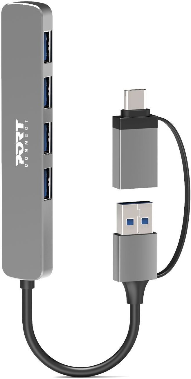 PORT CONNECT USB HUB, 4× USB 3.0, USB-A/USB-C vstup, stříbrná