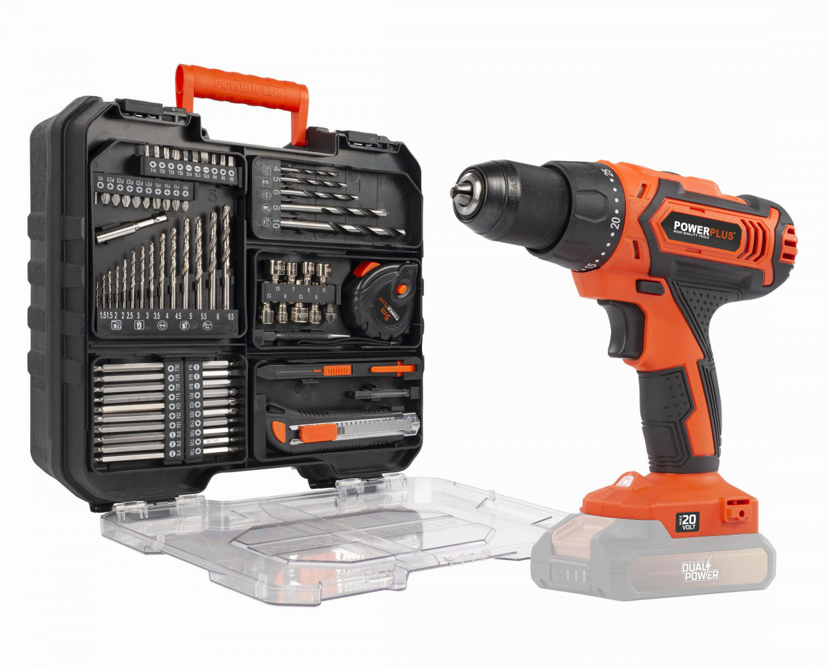 POWERPLUS Vŕtačka AKU 20V + 78 ks príslušenstvo v kufri POWDP15110 (bez AKU)