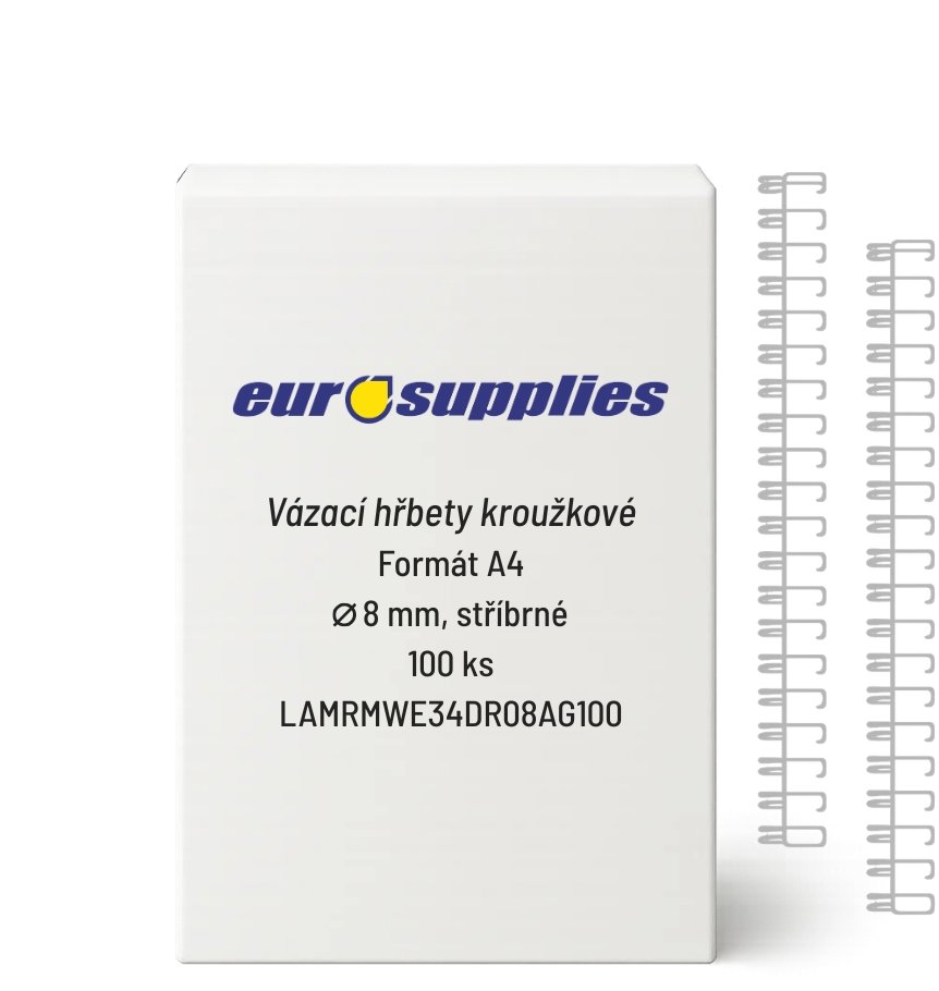 EUROSUPPLIES kovový A4 (3/1") 8 mm strieborný – balenie 100 ks