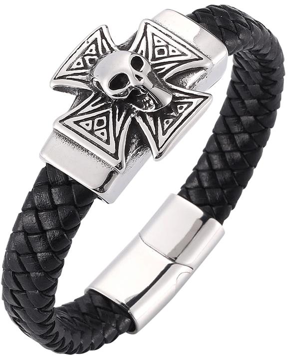 Kožený náramok 20,5 cm – kríž/lebka PD0276