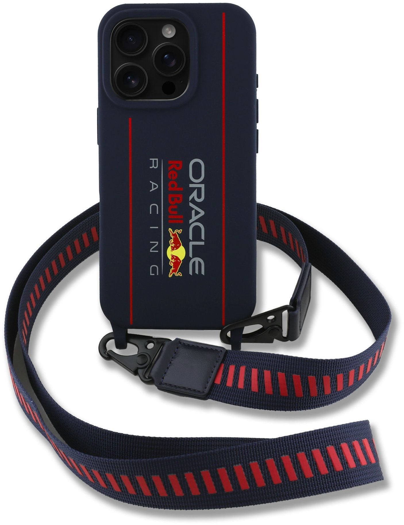 Red Bull Silicone Vertical Logo MagSafe Zadný Kryt + Crossbody Popruh pre iPhone 16 Pre Navy