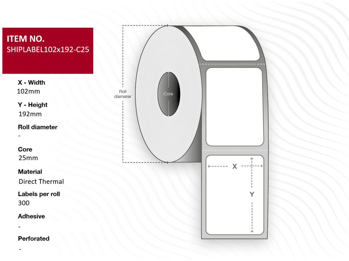 Capture prepravné štítky 102 × 192 mm, priemer rolky 25 mm, Direct Thermal, perforované, 300 štítkov v rolke