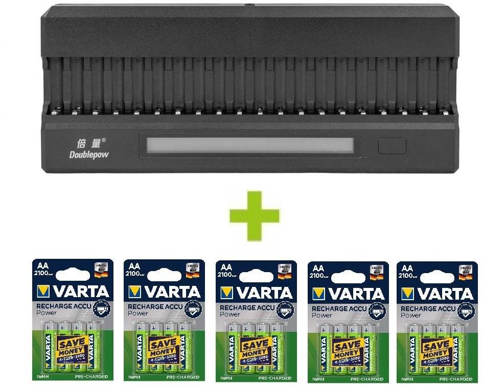 OXE Battery Charger AA na 20 ks, s displejom a 20 ks nabíjacích batérií Varta 56706 R6 2100 mAh NIMH