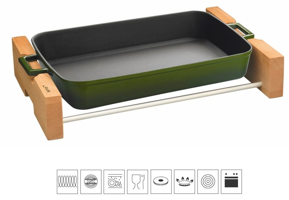 LAVA METAL Liatinový pekáč 22 × 30 cm s dreveným podstavcom – zelený
