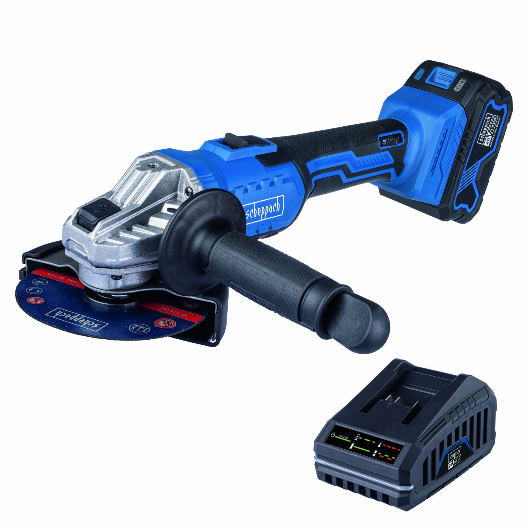 SCHEPPACH Uhlová brúska AKU 20 V IXES C-AG125-X – Sada L (1× 4 Ah)