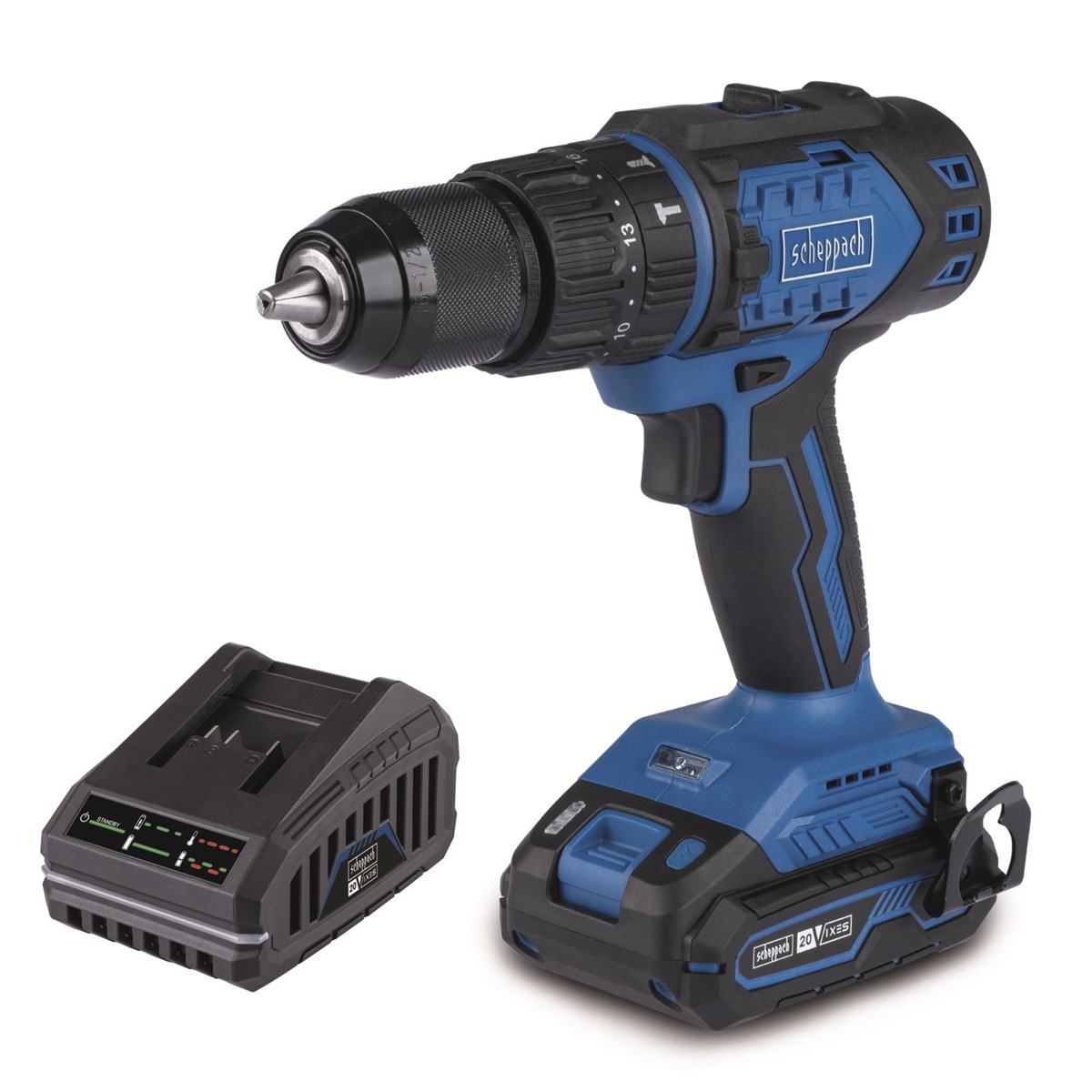 SCHEPPACH Příklepový vrtací šroubovák AKU 20V IXES, nabíječka BC-CD60-X-SET S (1 × 2 Ah)