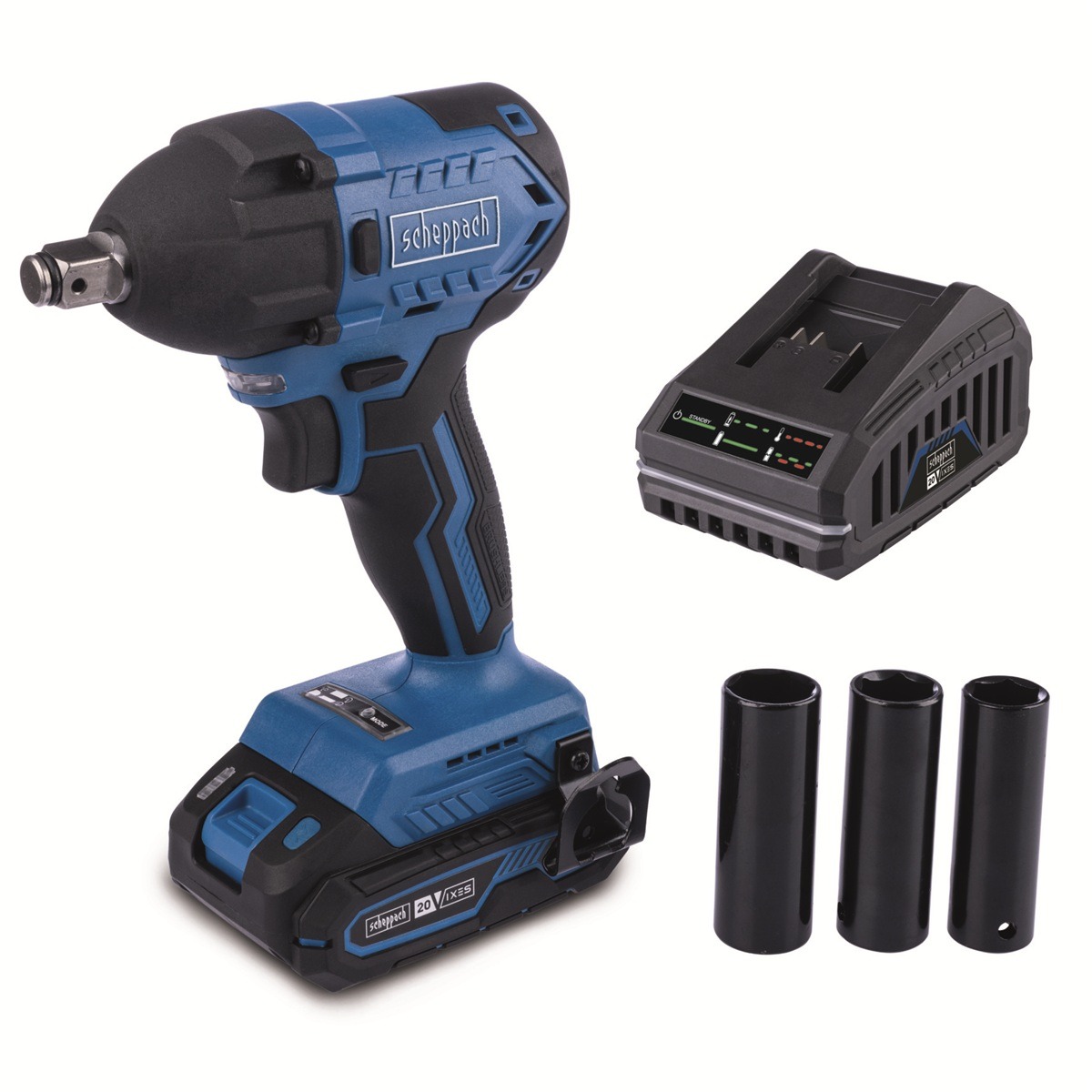 SCHEPPACH Rázový uťahovač AKU 20V IXES, nabíjačka BC-IW350-X-SET S (1× 2 Ah)
