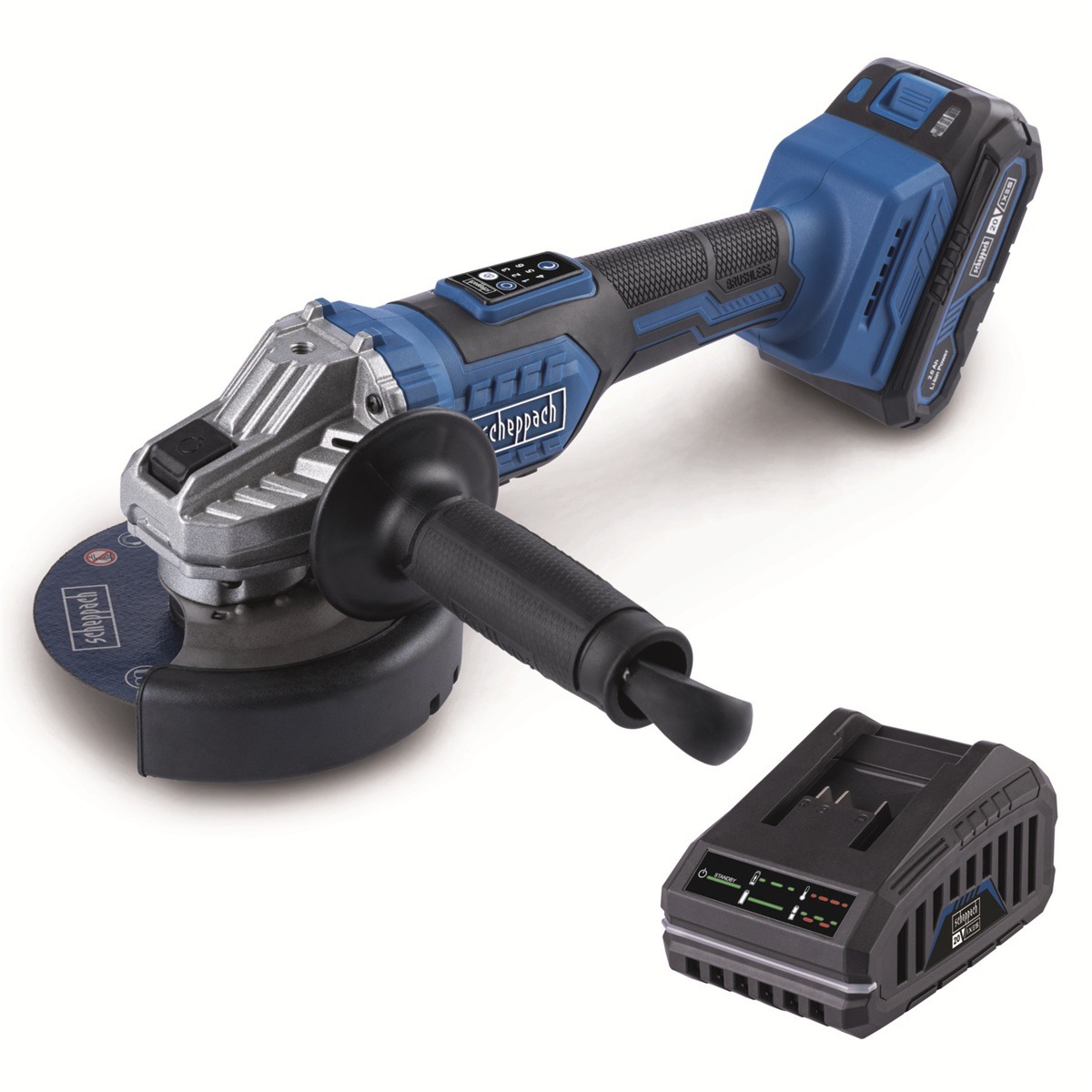 SCHEPPACH Uhlová brúska AKU 20V IXES, nabíjačka BC-AG125-X-SET S (1× 2 Ah)
