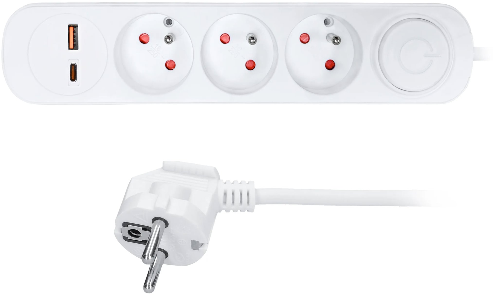 Solight 2 m, 3 zásuvky, USB A + C 20 W PD, vypínač, 3 × 1 mm2, PVC