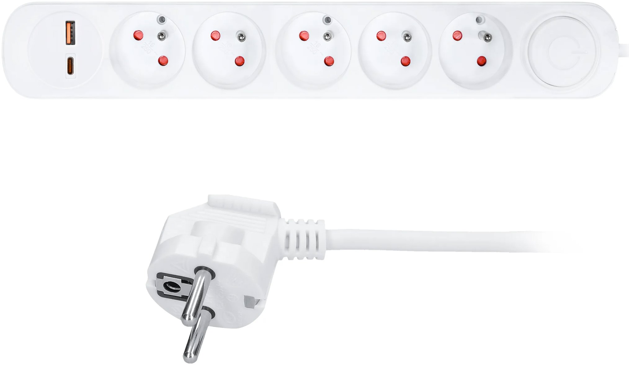 Solight 3 m, 5 zásuviek, USB A + C 20 W PD, vypínač, 3 × 1 mm2, PVC